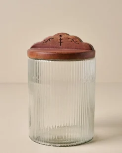 VND7004 BKG OVERSEAS Antiqued Wood Ribbed Glass Canister