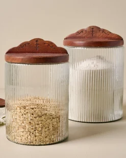 VND7004 BKG OVERSEAS Antiqued Wood Ribbed Glass Canister