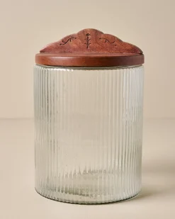 VND7004 BKG OVERSEAS Antiqued Wood Ribbed Glass Canister