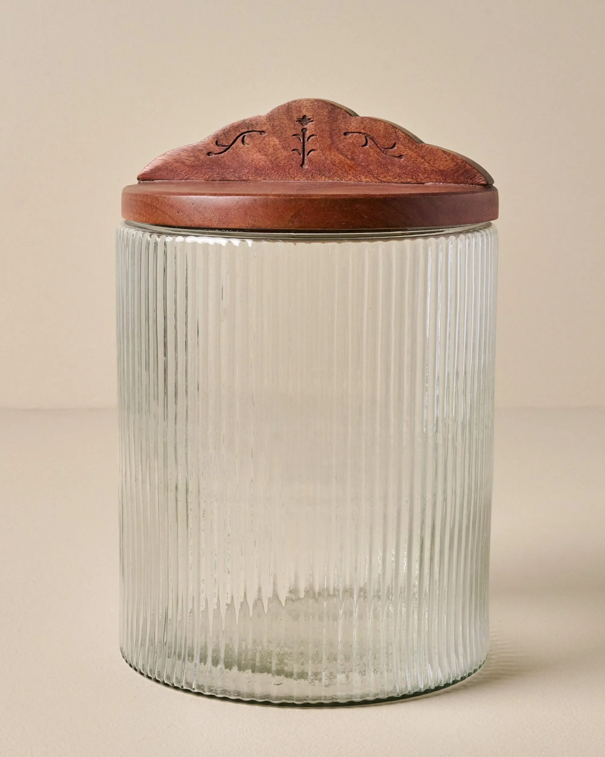 VND7004 BKG OVERSEAS Antiqued Wood Ribbed Glass Canister
