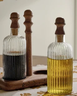 VND7004 BKG OVERSEAS Antiqued Wood Ribbed Glass Oil & Vinegar Set