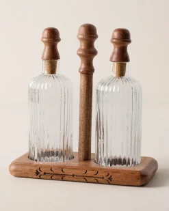 VND7004 BKG OVERSEAS Antiqued Wood Ribbed Glass Oil & Vinegar Set