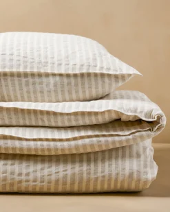 VND7018 Makerspalm, LLC Antique White + Oatmeal Stripe Linen Cotton Duvet Cover