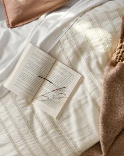 VND7018 Makerspalm, LLC Embroidered Stripe Linen Cotton Duvet Cover - Oatmeal