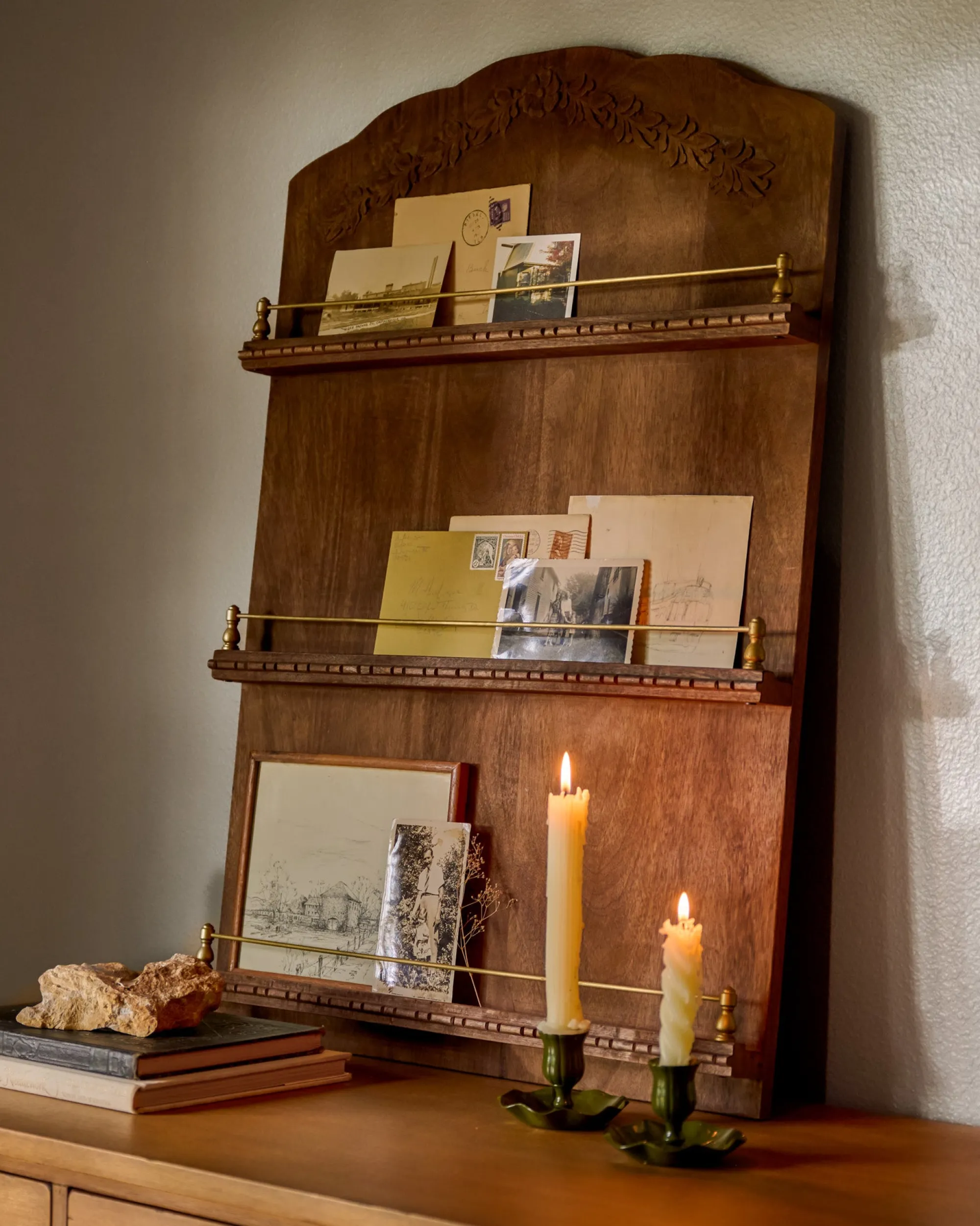 VND7974 Guru Creations Gloria Carved Wood and Brass Display Shelf