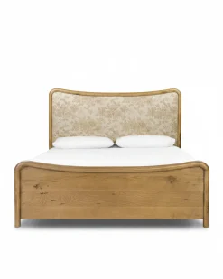 VND6200 Four Hands, LLC Kennie Upholstered Bed Frame with Carved Solid Oak and Linen Headboard