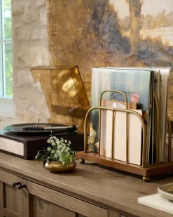 VND7974 Guru Creations Short Antique Brass and Wood Media Stand