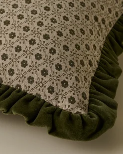 VND8009 Jaipur Arts Thea Block Print Pillow with Velvet Ruffle Edge